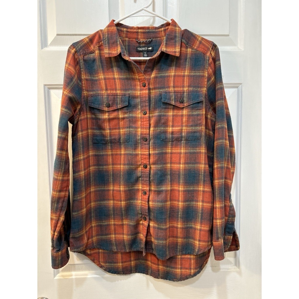 Toad & Co Orange Blue Plaid Flannel Button Up Sz S Long Sleeve Outdoor Gorpcore - Picture 1 of 9